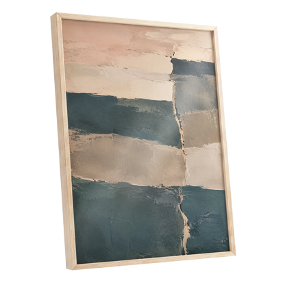 Slate Blush Strata, blue, beige, gray abstract wall art shown as a oak framed poster wall art print