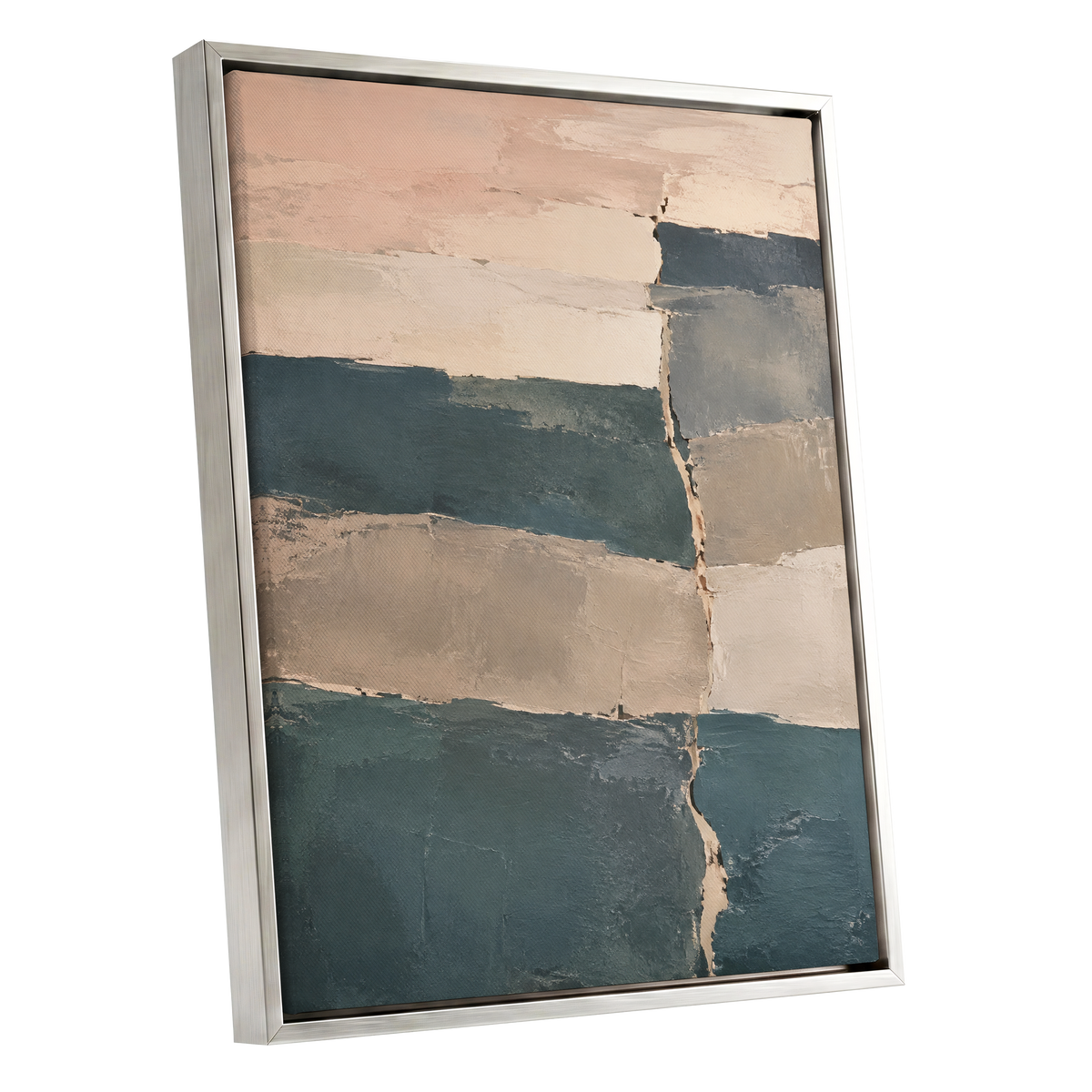 Slate Blush Strata, blue, beige, gray abstract wall art shown as a silver framed canvas wall art
