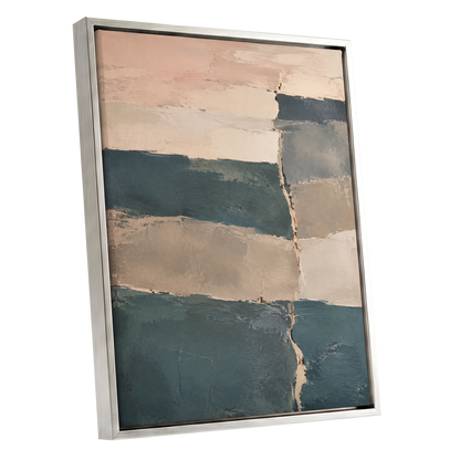 Slate Blush Strata, blue, beige, gray abstract wall art shown as a silver framed canvas wall art