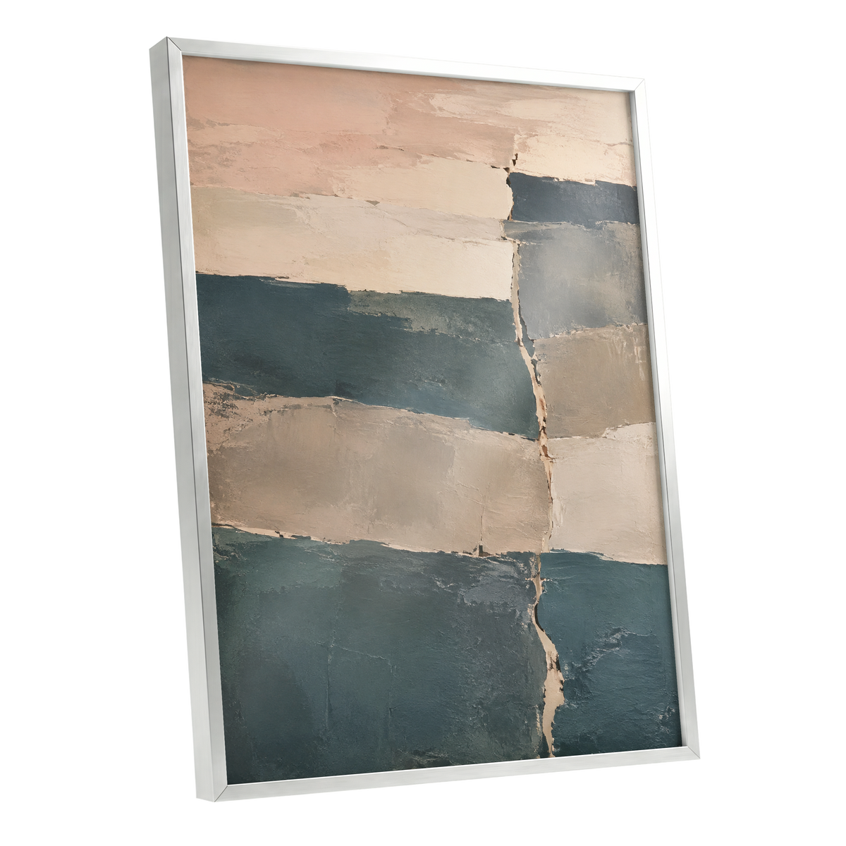 Slate Blush Strata, blue, beige, gray abstract wall art shown as a silver framed poster wall art print