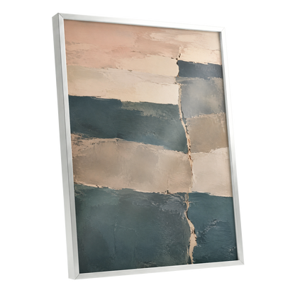 Slate Blush Strata, blue, beige, gray abstract wall art shown as a silver framed poster wall art print