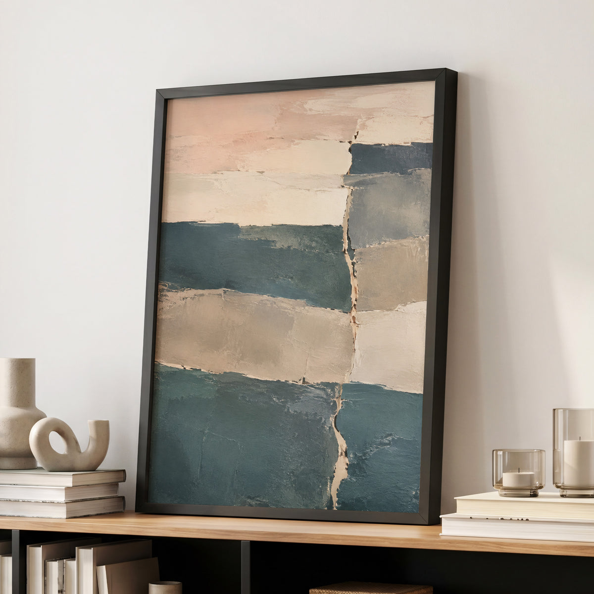 Slate Blush Strata, blue, beige, gray abstract wall art displayed in a styled interior, gallery view 2