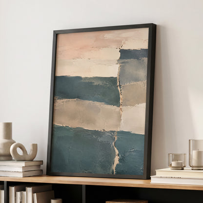 Slate Blush Strata, blue, beige, gray abstract wall art displayed in a styled interior, gallery view 2