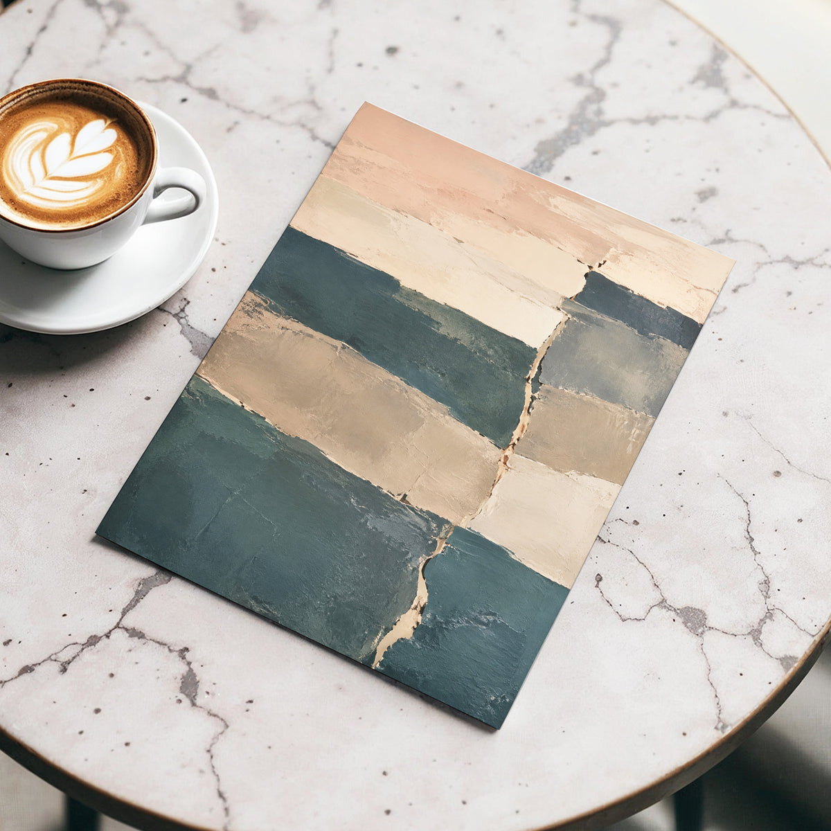 Slate Blush Strata, blue, beige, gray abstract wall art displayed in a styled interior, gallery view 5