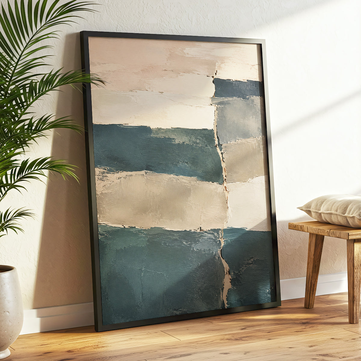 Slate Blush Strata, blue, beige, gray abstract wall art displayed in a styled interior, gallery view 6