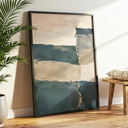 Slate Blush Strata, blue, beige, gray abstract wall art displayed in a styled interior, gallery view 6