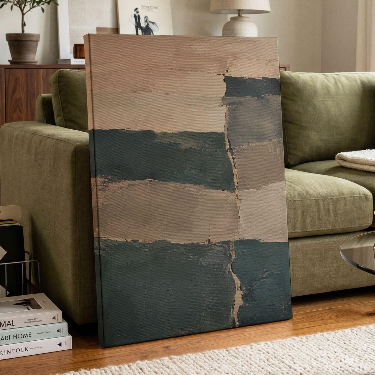 Slate Blush Strata, blue, beige, gray abstract wall art displayed in a styled interior, gallery view 7