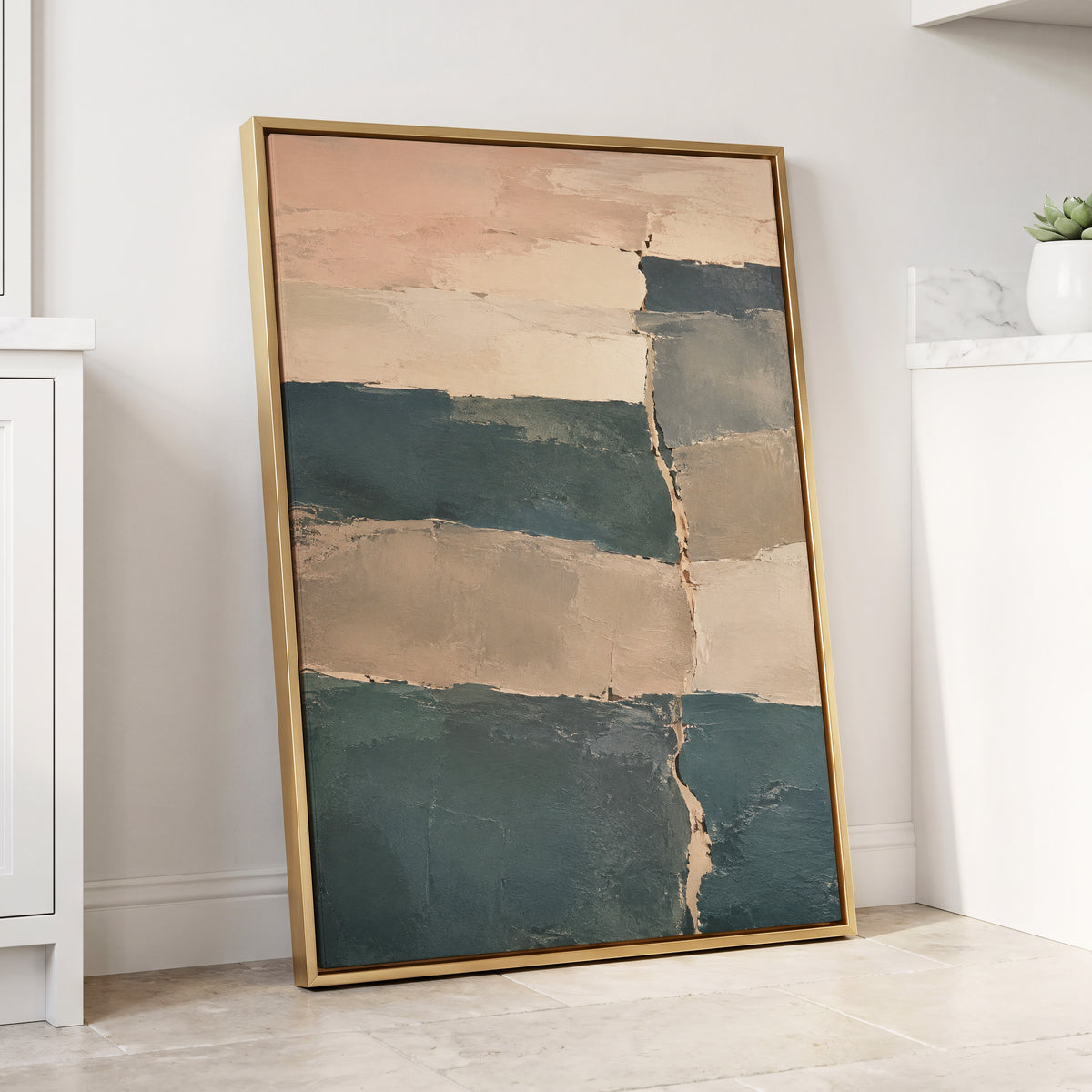 Slate Blush Strata, blue, beige, gray abstract wall art displayed in a styled interior, gallery view 8
