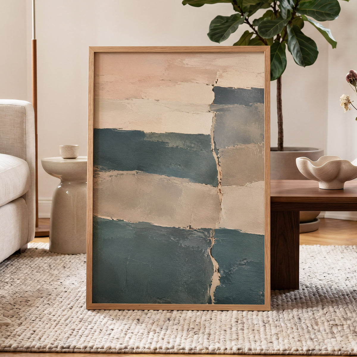 Slate Blush Strata, blue, beige, gray abstract wall art displayed in a styled interior, gallery view 9