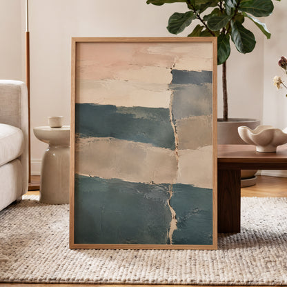 Slate Blush Strata, blue, beige, gray abstract wall art displayed in a styled interior, gallery view 9