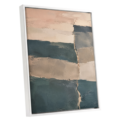 Slate Blush Strata, blue, beige, gray abstract wall art shown as a white framed canvas wall art