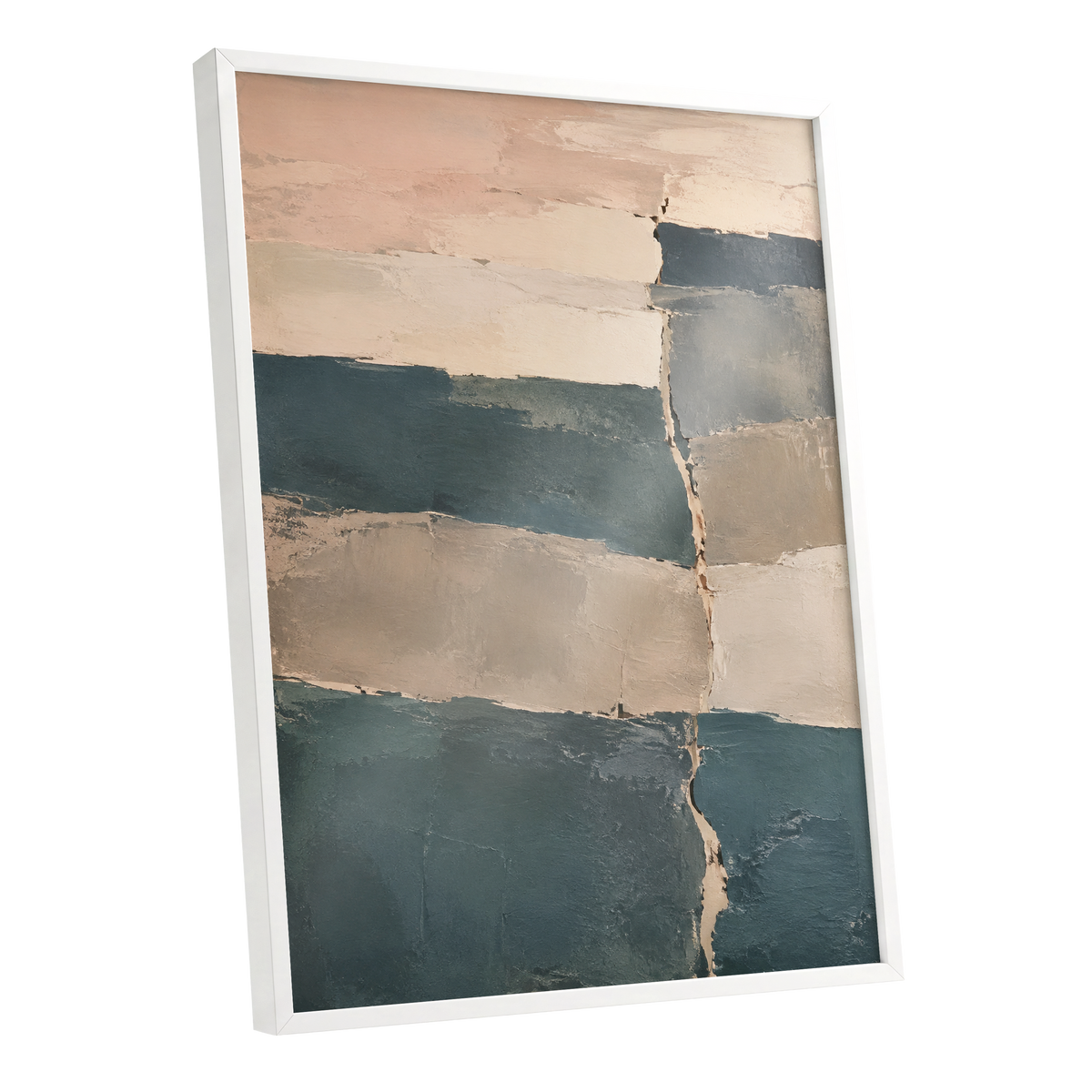 Slate Blush Strata, blue, beige, gray abstract wall art shown as a white framed poster wall art print