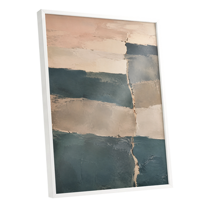 Slate Blush Strata, blue, beige, gray abstract wall art shown as a white framed poster wall art print
