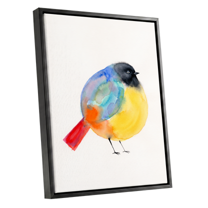 Sleepy Rainbow Bird, multicolor, white, yellow nature wall art shown as a black framed canvas wall art