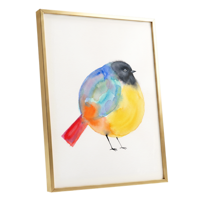Sleepy Rainbow Bird, multicolor, white, yellow nature wall art shown as a gold framed poster wall art print