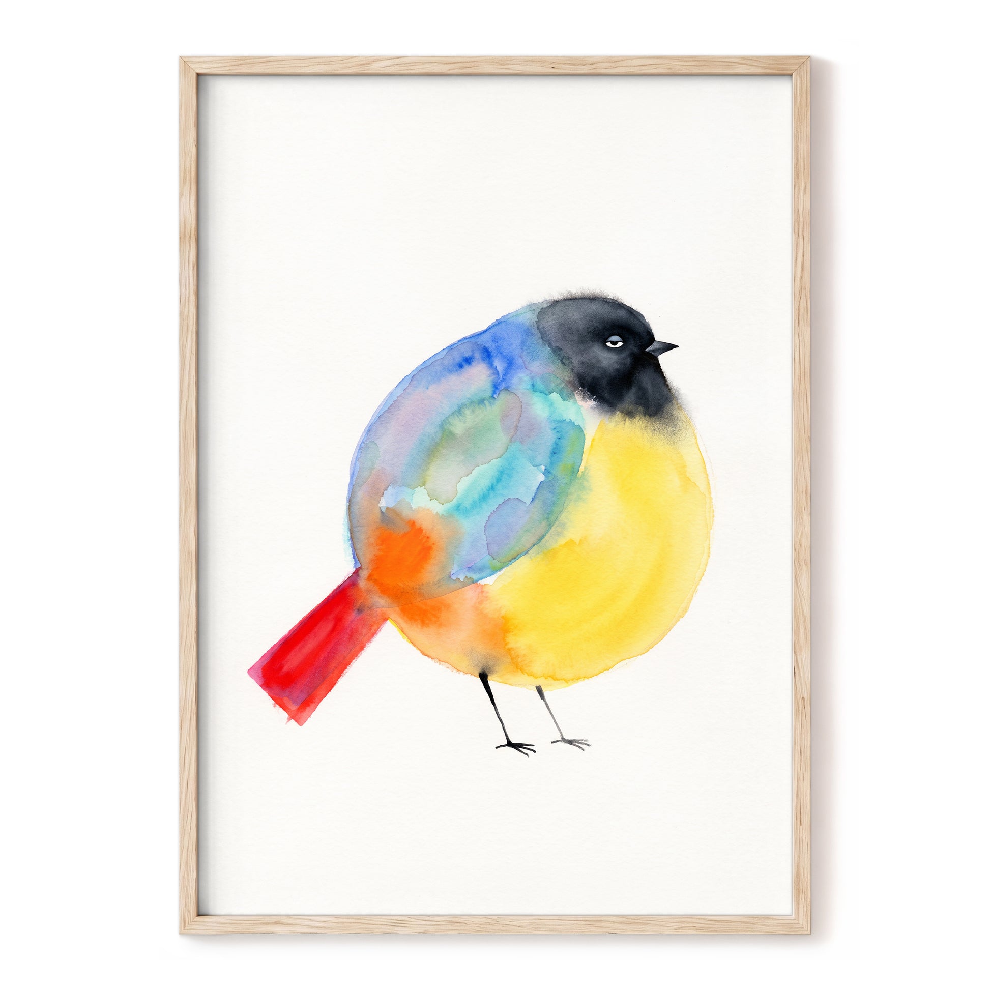 Sleepy Rainbow Bird, multicolor, white, yellow nature wall art, front artwork view