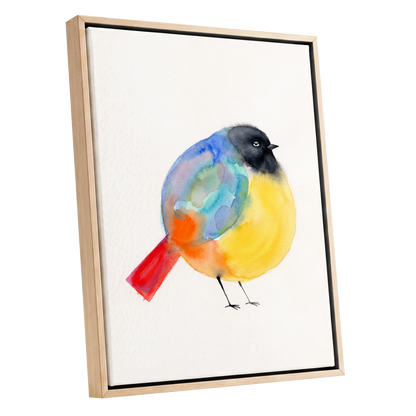 Sleepy Rainbow Bird, multicolor, white, yellow nature wall art shown as a oak framed canvas wall art
