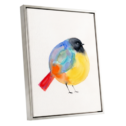Sleepy Rainbow Bird, multicolor, white, yellow nature wall art shown as a silver framed canvas wall art