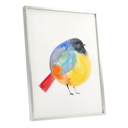 Sleepy Rainbow Bird, multicolor, white, yellow nature wall art shown as a silver framed poster wall art print