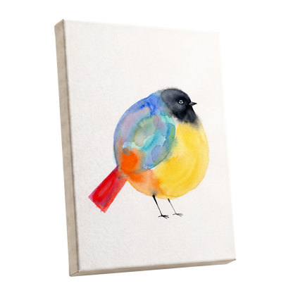 Sleepy Rainbow Bird, multicolor, white, yellow nature wall art shown as a stretched canvas wall art