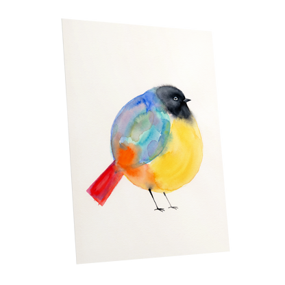 Sleepy Rainbow Bird, multicolor, white, yellow nature wall art shown as a unframed poster wall art print