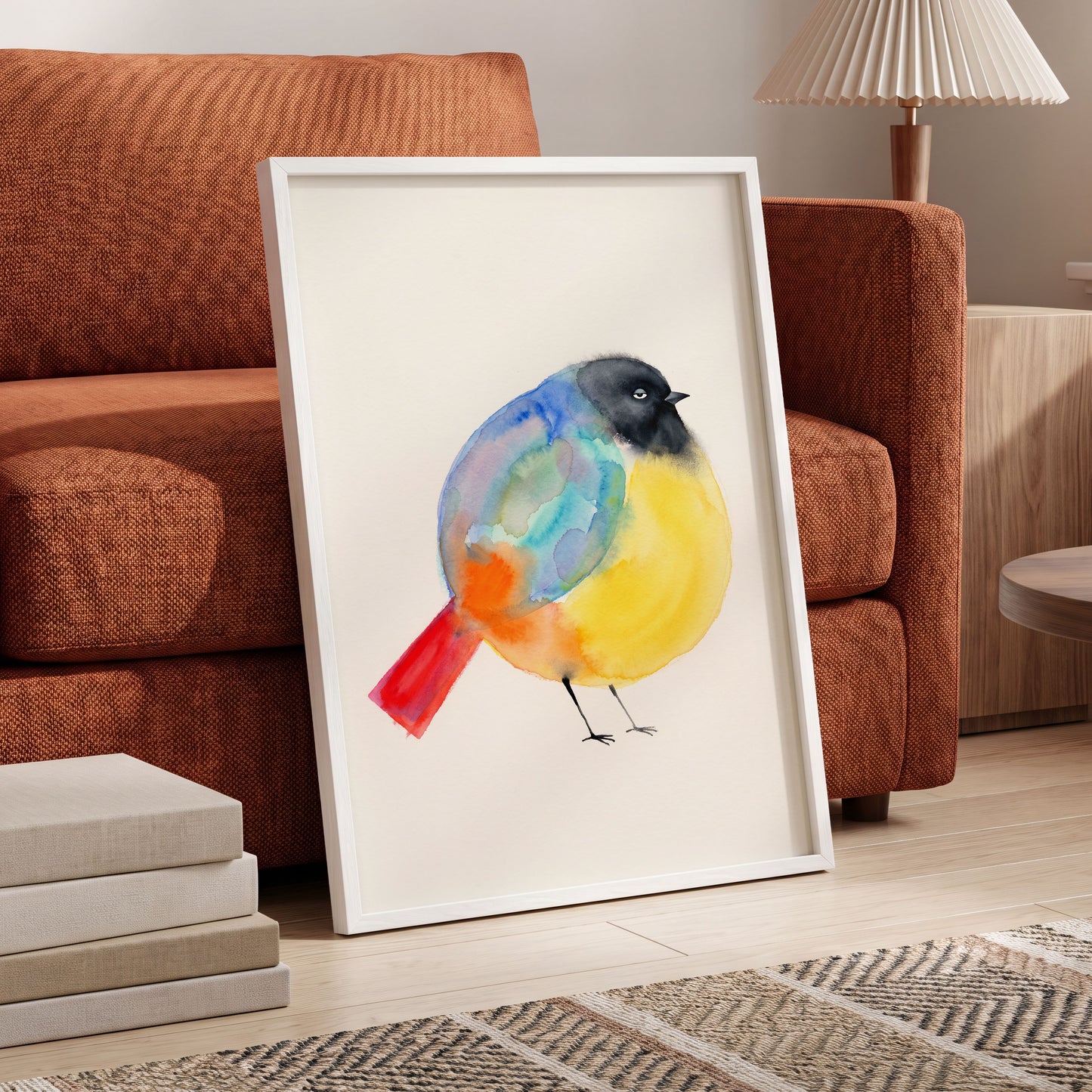 Sleepy Rainbow Bird, multicolor, white, yellow nature wall art displayed in a styled interior, gallery view 2