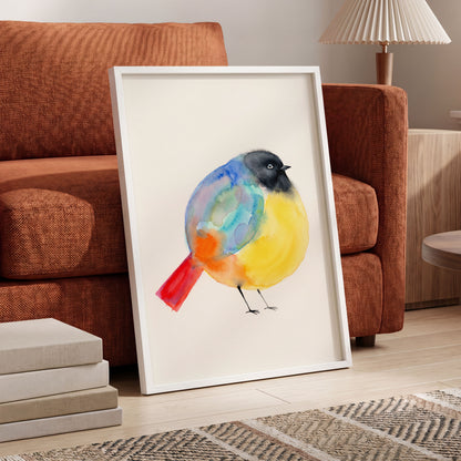 Sleepy Rainbow Bird, multicolor, white, yellow nature wall art displayed in a styled interior, gallery view 2