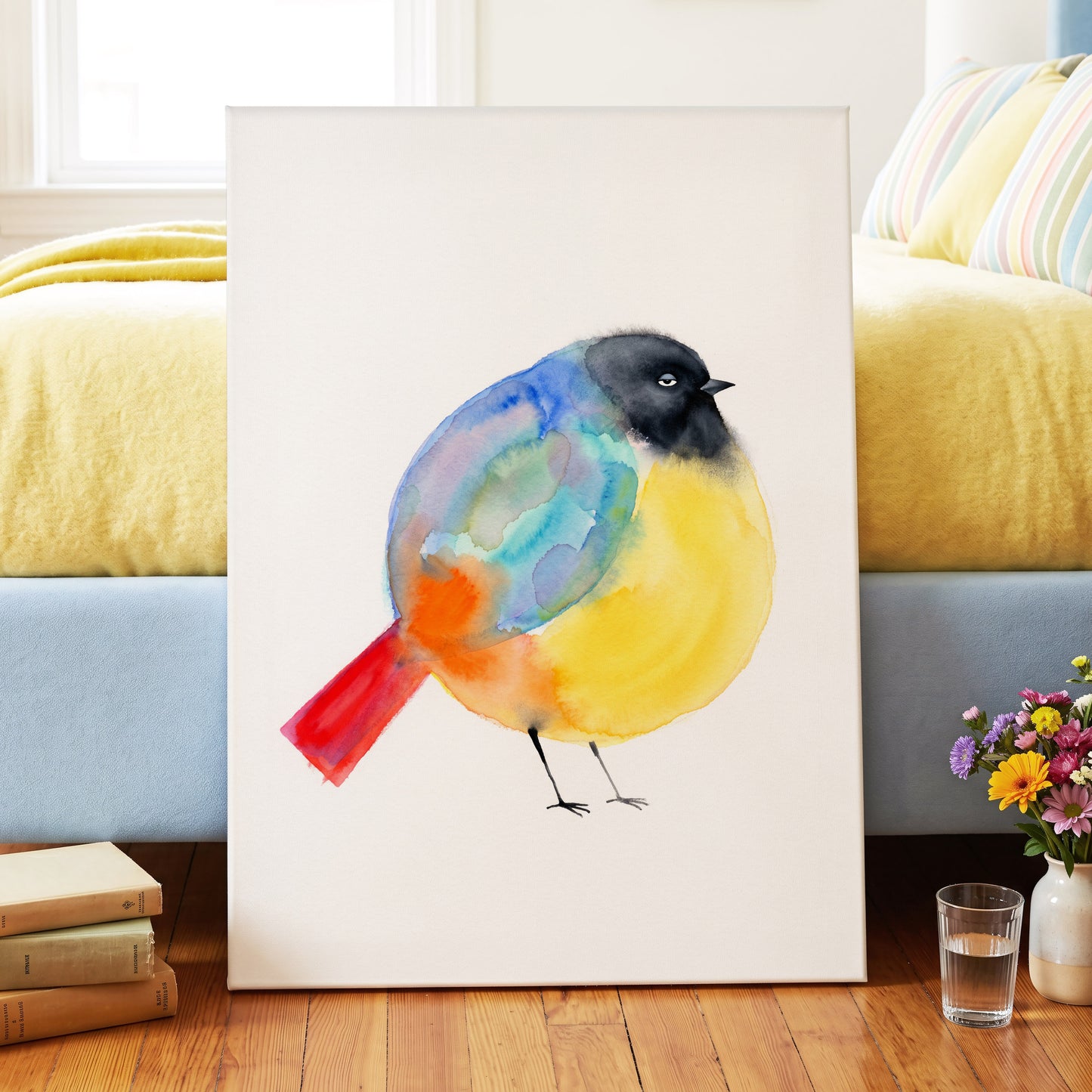 Sleepy Rainbow Bird, multicolor, white, yellow nature wall art displayed in a styled interior, gallery view 3
