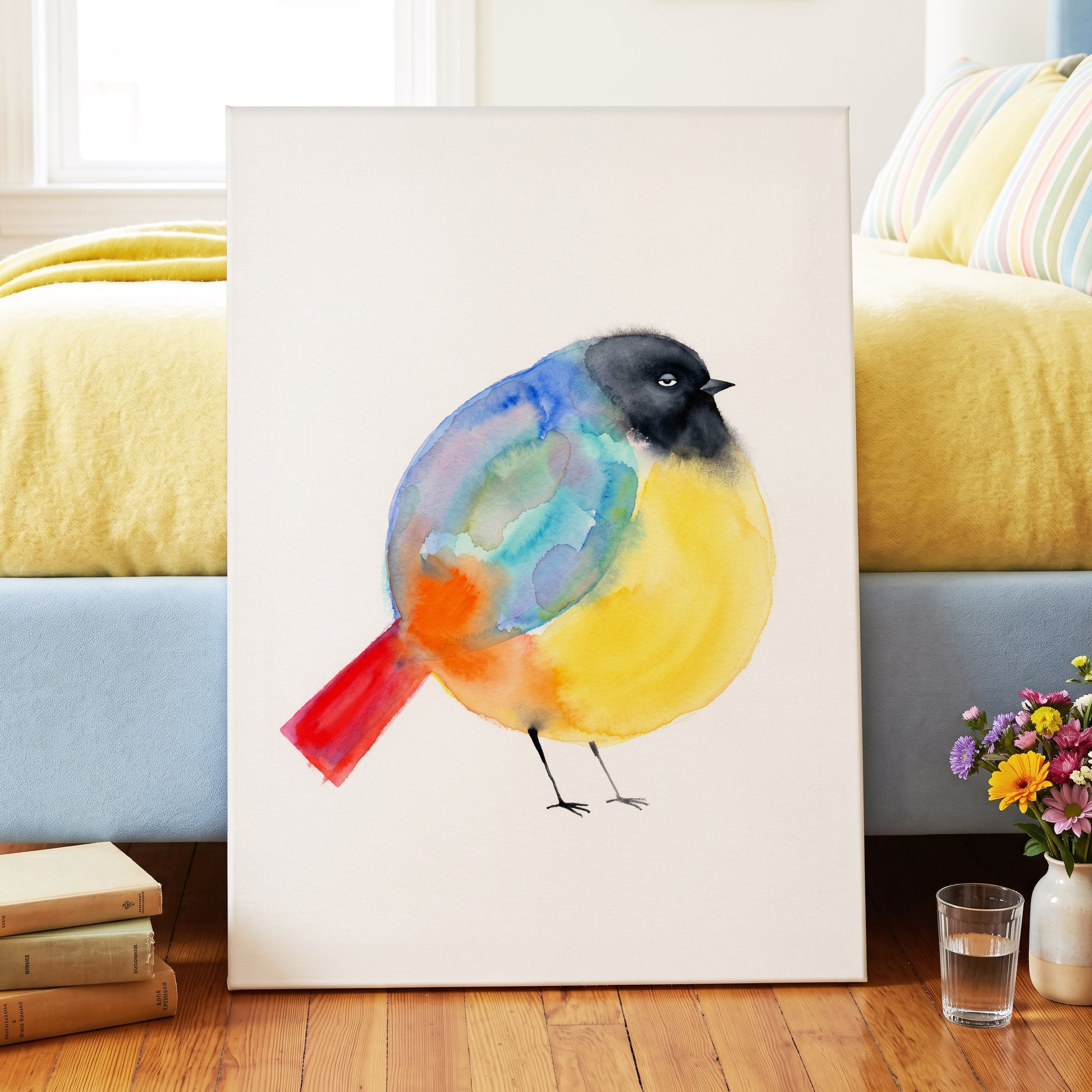 Sleepy Rainbow Bird, multicolor, white, yellow nature wall art displayed in a styled interior, gallery view 3