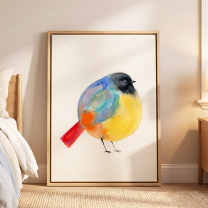 Sleepy Rainbow Bird, multicolor, white, yellow nature wall art displayed in a styled interior, gallery view 4