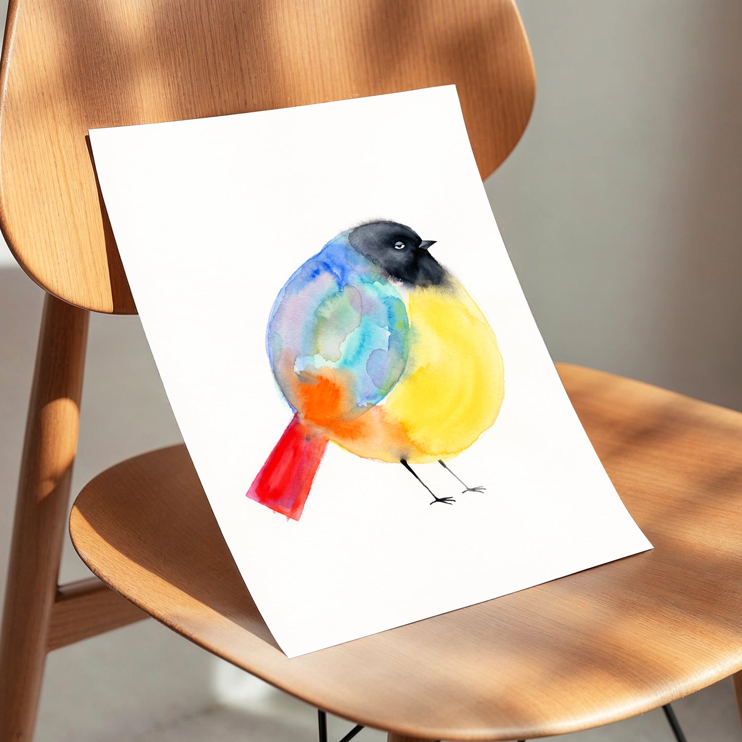Sleepy Rainbow Bird, multicolor, white, yellow nature wall art displayed in a styled interior, gallery view 5