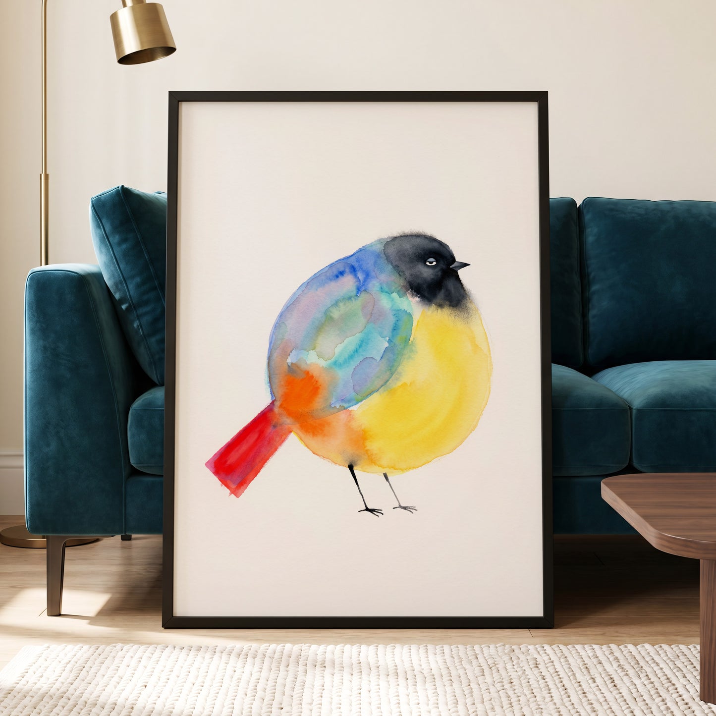 Sleepy Rainbow Bird, multicolor, white, yellow nature wall art displayed in a styled interior, gallery view 6