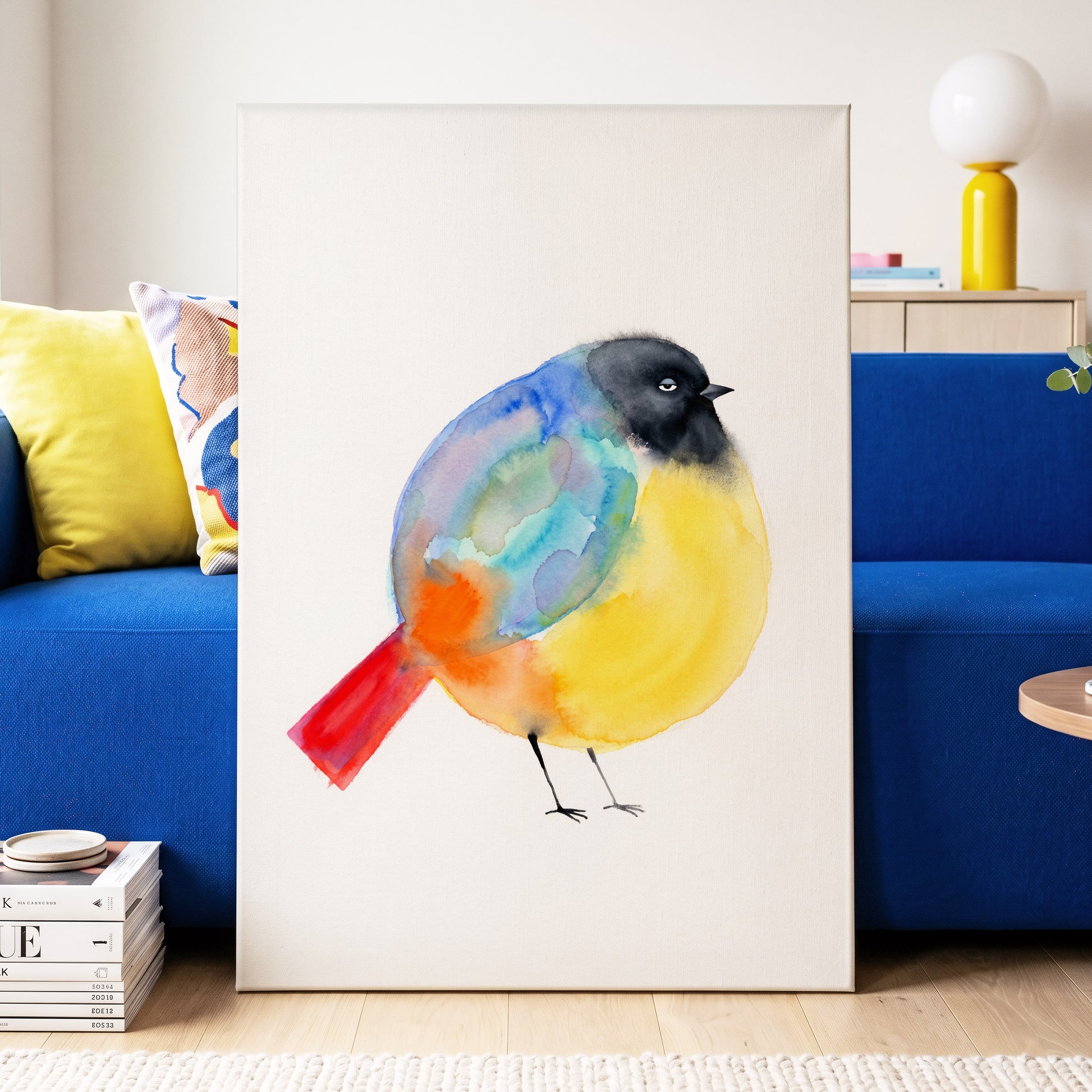Sleepy Rainbow Bird, multicolor, white, yellow nature wall art displayed in a styled interior, gallery view 7