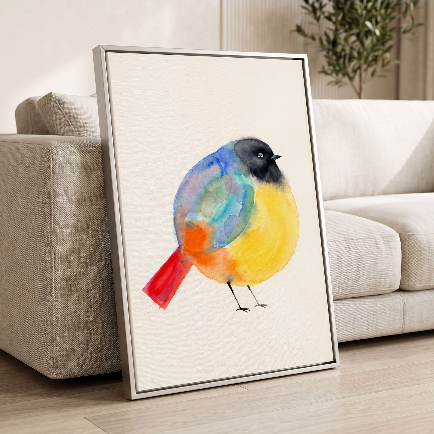 Sleepy Rainbow Bird, multicolor, white, yellow nature wall art displayed in a styled interior, gallery view 8