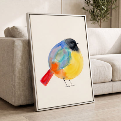 Sleepy Rainbow Bird, multicolor, white, yellow nature wall art displayed in a styled interior, gallery view 8