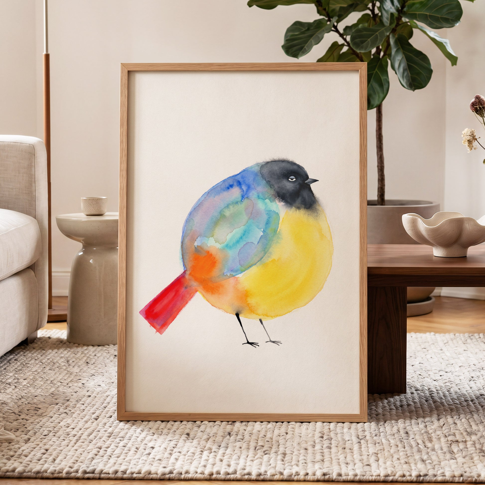 Sleepy Rainbow Bird, multicolor, white, yellow nature wall art displayed in a styled interior, gallery view 9