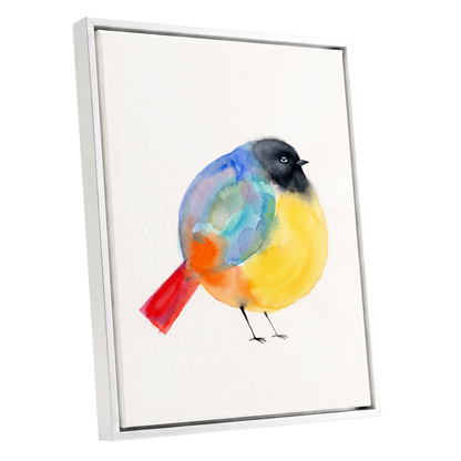 Sleepy Rainbow Bird, multicolor, white, yellow nature wall art shown as a white framed canvas wall art