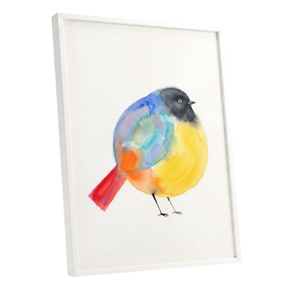 Sleepy Rainbow Bird, multicolor, white, yellow nature wall art shown as a white framed poster wall art print