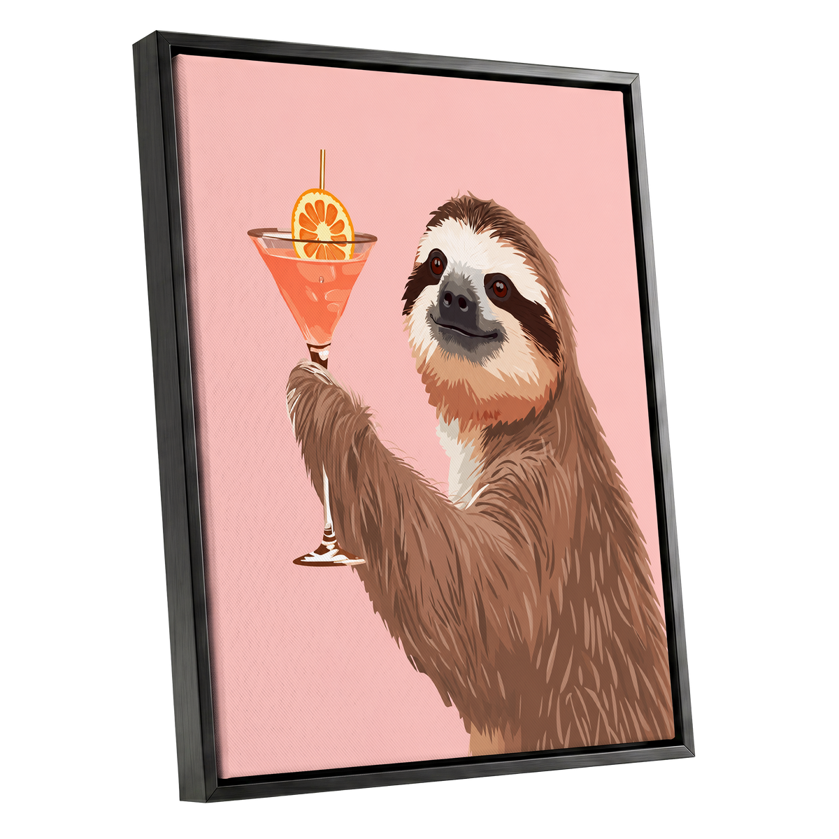 Sloth Happy Hour, pink, brown, orange nature wall art shown as a black framed canvas wall art