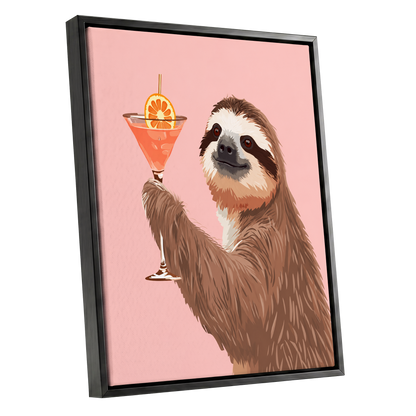 Sloth Happy Hour, pink, brown, orange nature wall art shown as a black framed canvas wall art