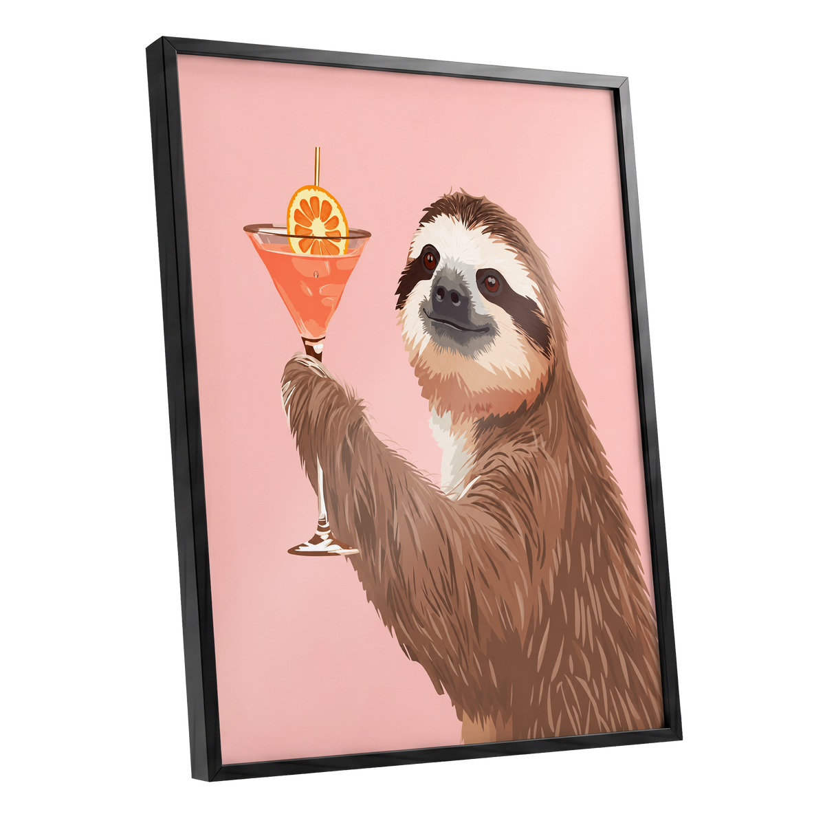 Sloth Happy Hour, pink, brown, orange nature wall art shown as a black framed poster wall art print