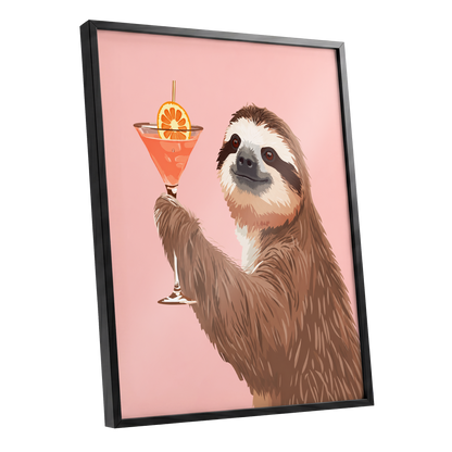 Sloth Happy Hour, pink, brown, orange nature wall art shown as a black framed poster wall art print