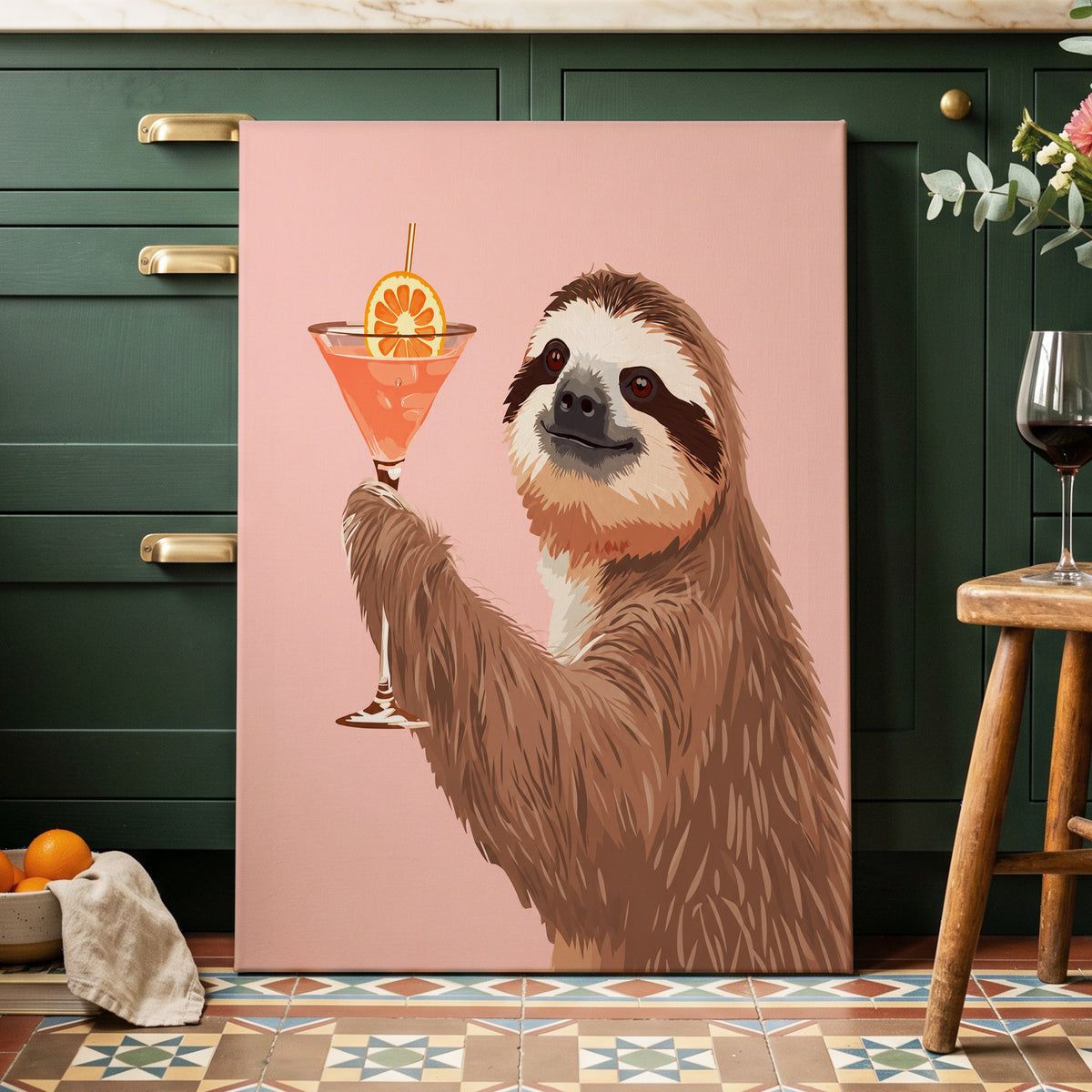 Sloth Happy Hour, pink, brown, orange nature wall art on canvas displayed in a styled interior, gallery view 1
