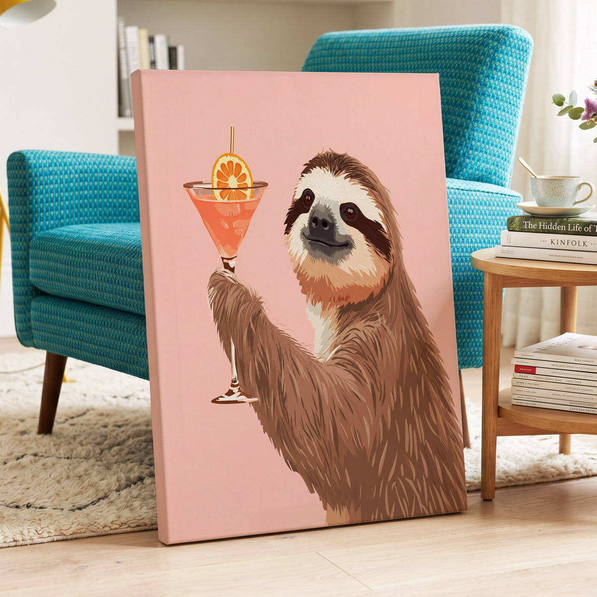 Sloth Happy Hour, pink, brown, orange nature wall art on canvas displayed in a styled interior, gallery view 2