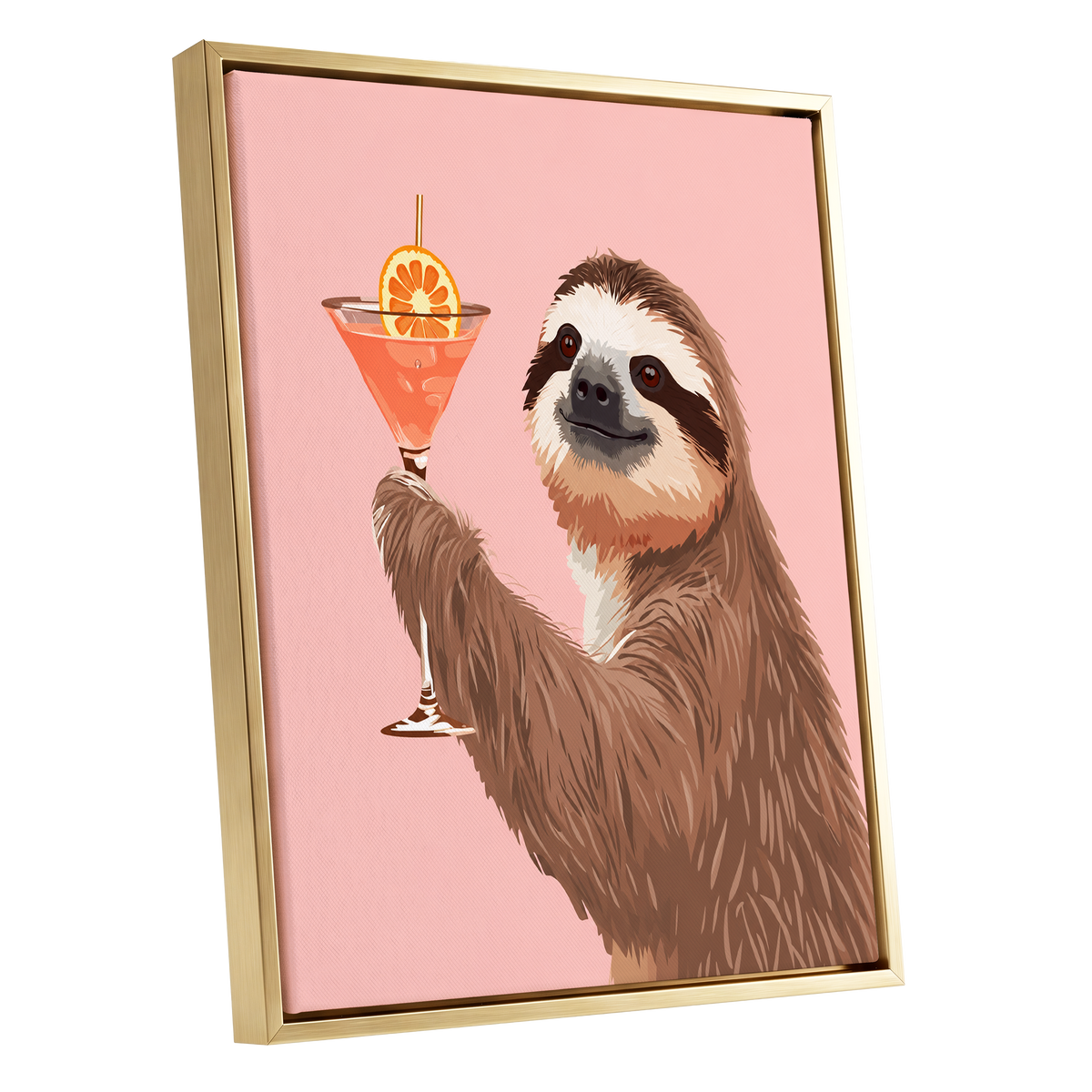 Sloth Happy Hour, pink, brown, orange nature wall art shown as a gold framed canvas wall art