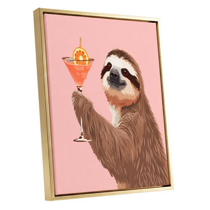Sloth Happy Hour, pink, brown, orange nature wall art shown as a gold framed canvas wall art