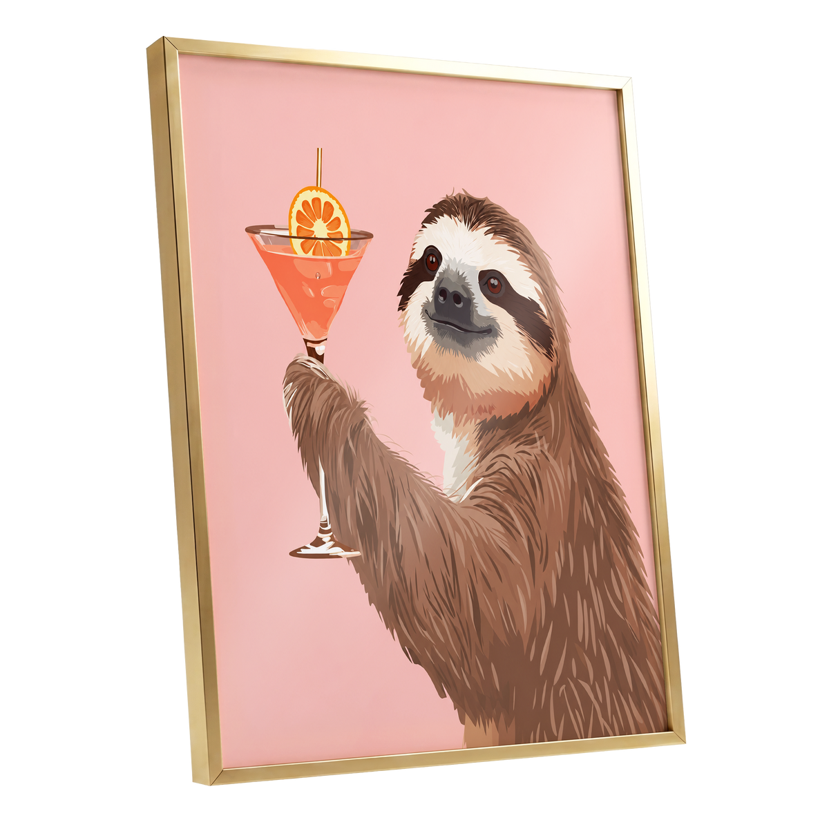 Sloth Happy Hour, pink, brown, orange nature wall art shown as a gold framed poster wall art print