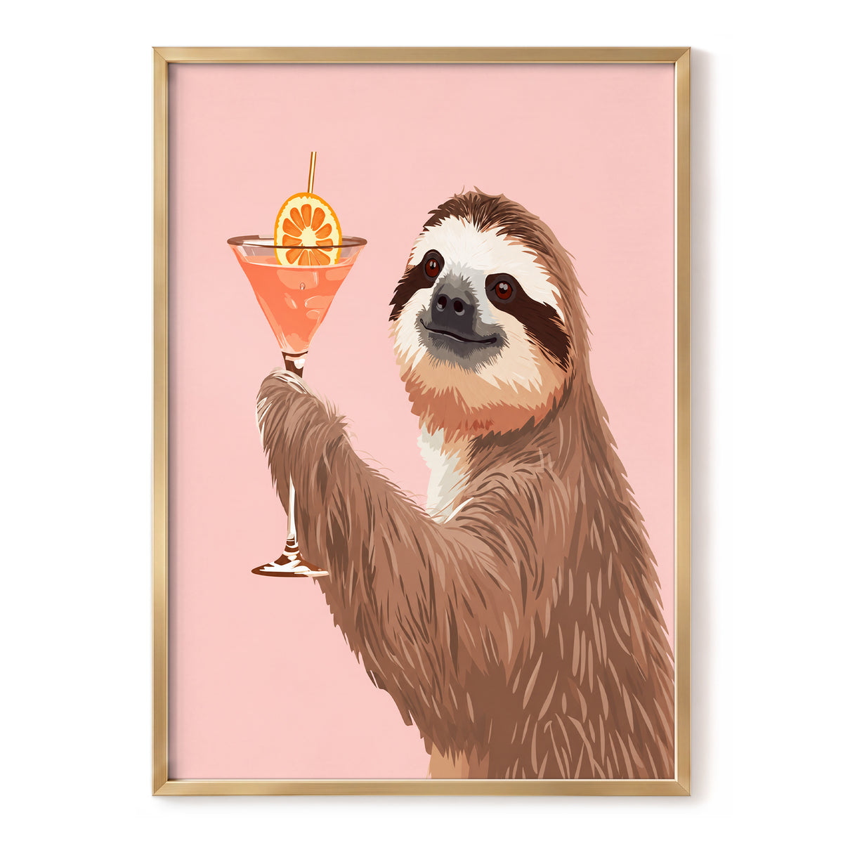 Sloth Happy Hour, pink, brown, orange nature wall art, front artwork view