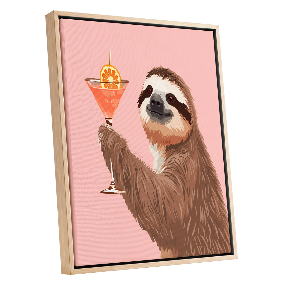 Sloth Happy Hour, pink, brown, orange nature wall art shown as a oak framed canvas wall art
