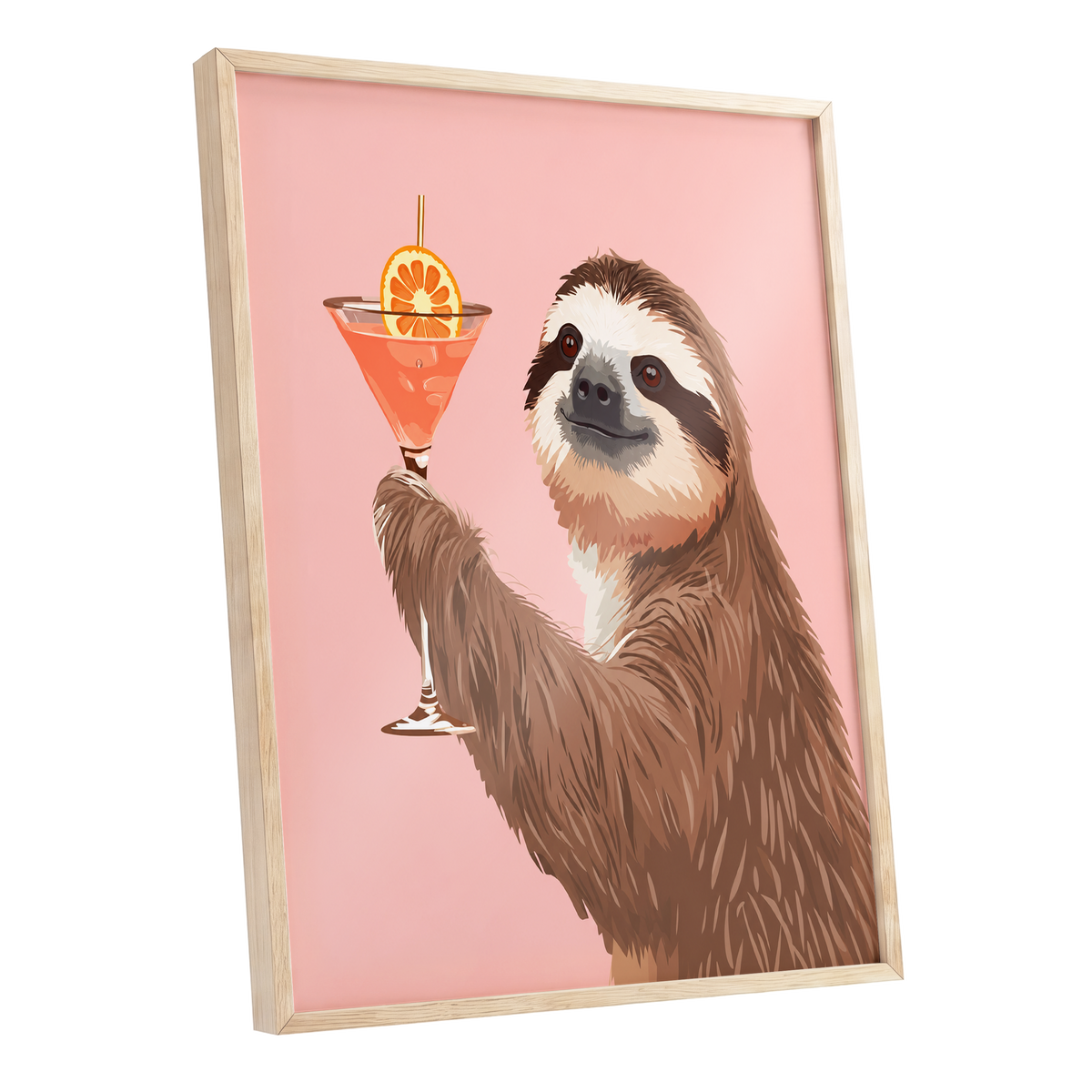 Sloth Happy Hour, pink, brown, orange nature wall art shown as a oak framed poster wall art print